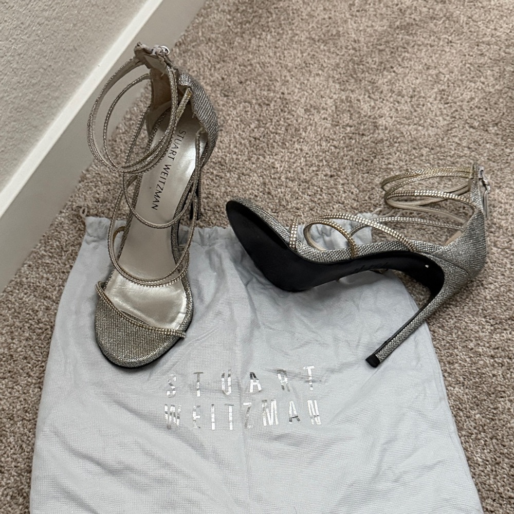 Stuart Weitzman Silver Sparkle Strappy Stiletto Sandals